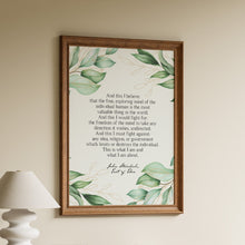 Load image into Gallery viewer, Framed John Steinbeck quote print "and this I believe, that the free exploring mind" from East of Eden with green botanical border
