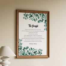 Load image into Gallery viewer, The Struggle poem by Mikhail Naimy in black typewriter lettering framed by watercolour eucalyptus leaves on a white background

