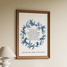 Load image into Gallery viewer, Framed Henry David Thoreau quote print from Walden surrounded by a blue watercolour leaf wreath
