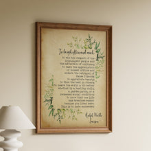 Load image into Gallery viewer, To laugh often and much success quote print with watercolour leaves on a vintage paper style background in a wooden frame
