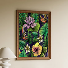 Load image into Gallery viewer, Tropical flowers print with pink lotus, yellow hibiscus, frangipani, bird of paradise and monstera leaves on a deep purple background
