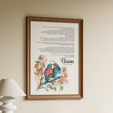 Load image into Gallery viewer, Framed "Union" wedding reading by Robert Fulghum with a watercolour illustration of two love birds on a branch

