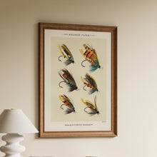 Load image into Gallery viewer, Vintage salmon flies print showing six colourful hand-tied fishing flies, made by C.F. Orvis, Manchester Vermont
