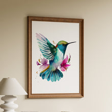 Load image into Gallery viewer, Watercolour style hummingbird print in teal and green with pink flowers, framed on a wooden shelf
