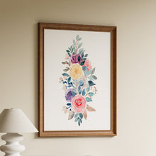 Load image into Gallery viewer, Watercolour bouquet of pink, yellow, purple and blue roses and anemones with teal and sage leaves on a white background
