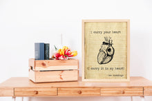 Load image into Gallery viewer, E.E. Cummings Poem I carry your heart (I carry it in my heart) Anatomical heart Art Print Home Decor poetry wall art vintage paper UNFRAMED
