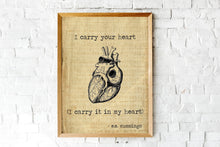 Load image into Gallery viewer, E.E. Cummings Poem I carry your heart (I carry it in my heart) Anatomical heart Art Print Home Decor poetry wall art vintage paper UNFRAMED
