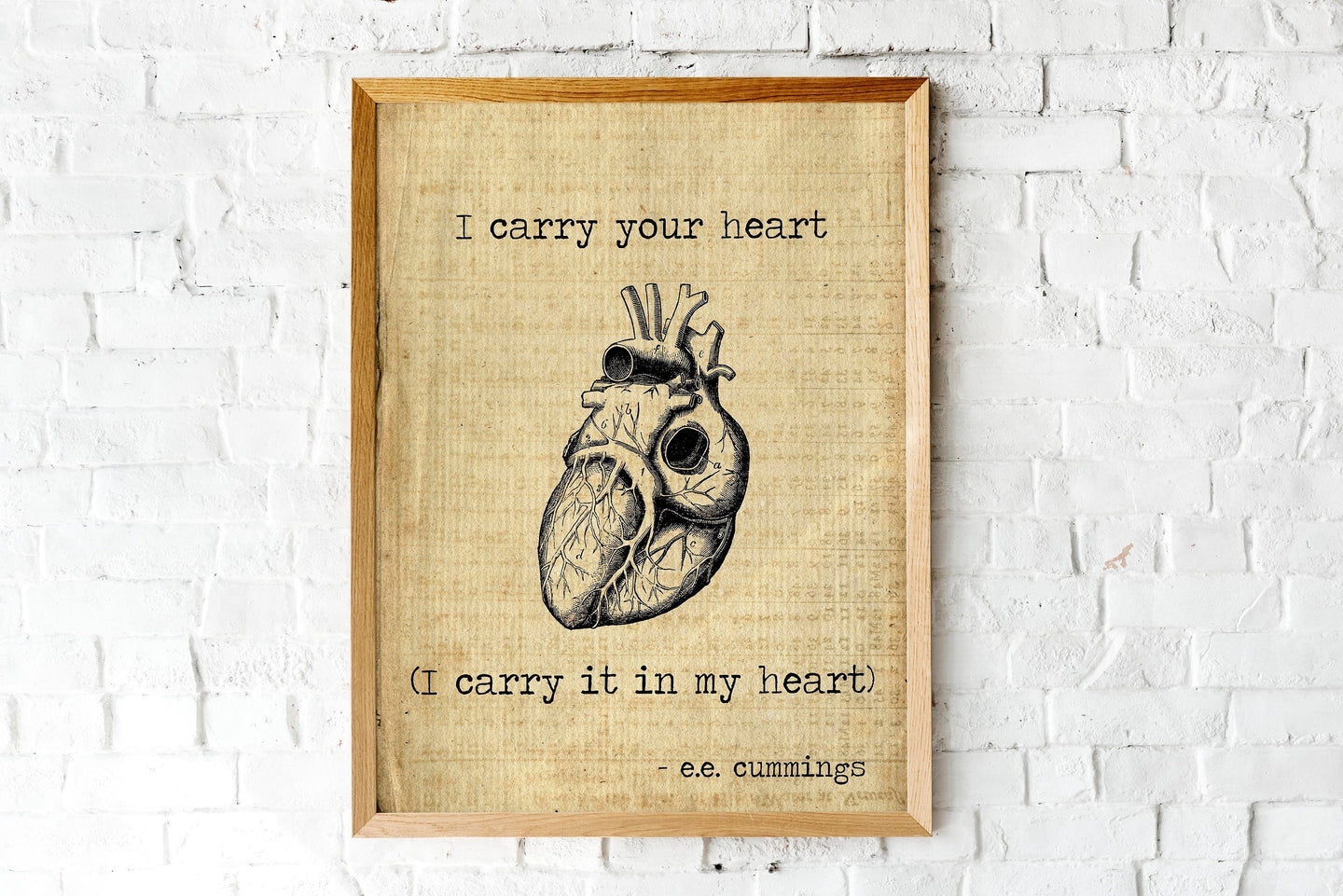 E.E. Cummings Poem I carry your heart (I carry it in my heart) Anatomical heart Art Print Home Decor poetry wall art vintage paper UNFRAMED