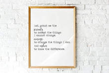 Load image into Gallery viewer, The Serenity Prayer Print -  Reinhold Niebuhr - sobriety gift Alcoholics Anonymous twelve step recovery UNFRAMED
