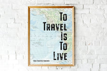 Load image into Gallery viewer, Travel Poster Hans Christian Andersen Quote - to travel is to live- travel Print for library office wall Art travel decor UNFRAMED
