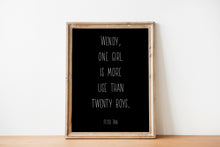 Load image into Gallery viewer, Peter Pan Quote - Wendy, one girl is more use than twenty boys - Unframed book Print for little girl&#39;s Bedroom Playroom Nursery art
