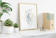 Load image into Gallery viewer, Watercolor leaves print - blue and gold painting poster Bedroom decor - watercolor poster UNFRAMED
