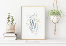 Load image into Gallery viewer, Watercolor leaves print - blue and gold painting poster Bedroom decor - watercolor poster UNFRAMED

