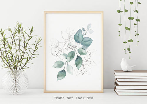 Watercolor leaves print - blue and silver painting poster Bedroom decor - watercolor poster UNFRAMED