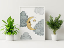 Load image into Gallery viewer, Moon &amp; Clouds print - Bedroom wall decor - Celestial Wall Art UNFRAMED
