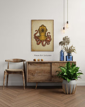 Load image into Gallery viewer, Steampunk Octopus Wall Art Print - Nautical Wall Decor - Octopus wearing a copper diving bell/diving helmet UNFRAMED
