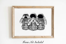 Load image into Gallery viewer, 3 Wise Astronauts Poster Print - Three wise monkeys - see no evil, hear no evil, speak no evil
