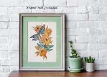 Load image into Gallery viewer, Dragonfly Art Print - Blue and green dragonflies with orange flowers - Physical Print Without Frame
