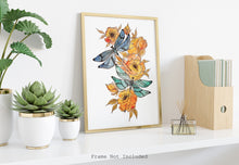 Load image into Gallery viewer, Dragonfly Art Print - Blue and green dragonflies with orange flowers - Physical Print Without Frame
