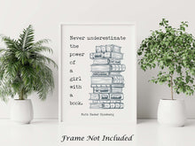 Load image into Gallery viewer, Ruth Bader Ginsburg Wall Art - Never underestimate the power of a girl with a book - RBG Print - Physical Art Print Without Frame
