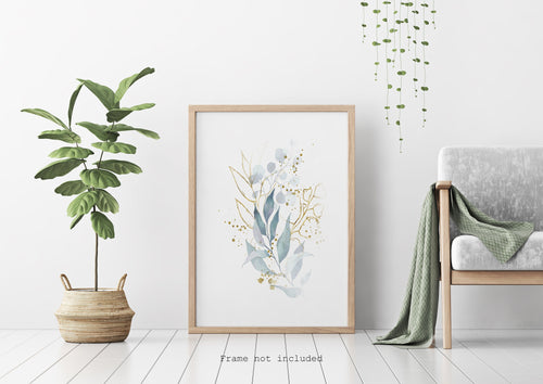 Watercolor leaves print - blue and gold painting poster Bedroom decor - watercolor poster UNFRAMED