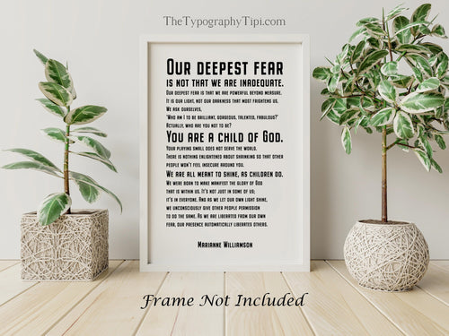 Our Deepest Fear Marianne Williamson Feminist Art Wall Art self respect quote for Bedroom decor or office decor UNFRAMED