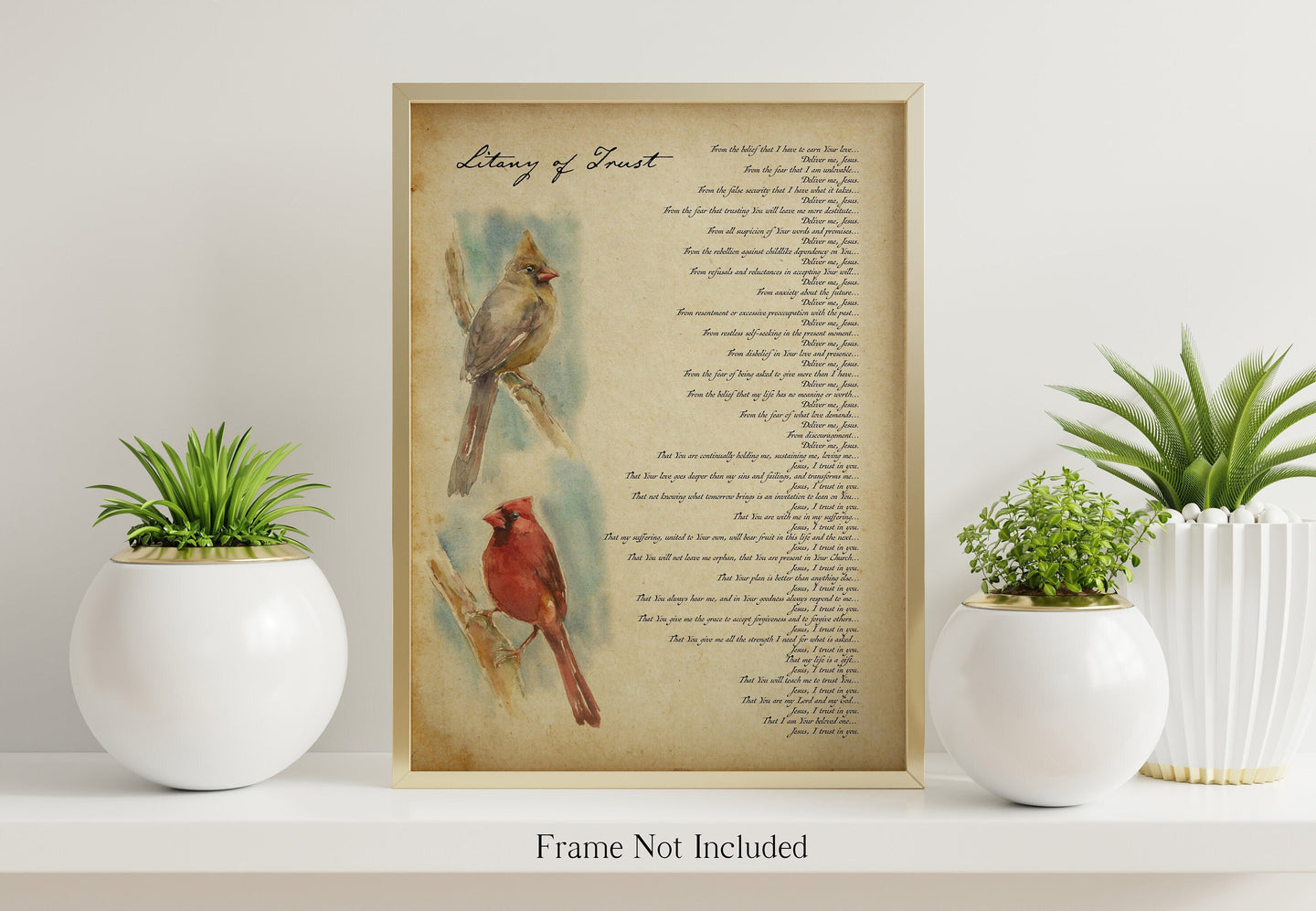 Litany of Trust Poster Print - Pair Of Cardinals Illustrated Prayer - Catholic Prayer for Trust - Catholic Wall Art - Print Without Frame