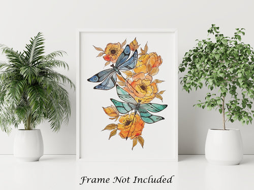 Dragonfly Art Print - Blue and green dragonflies with orange flowers - Physical Print Without Frame