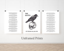 Load image into Gallery viewer, The Raven Set of 3 Edgar Allan Poe Poem Poster Prints - Quoth the Raven “Nevermore.” - Macabre Decor - Literary Wall Art
