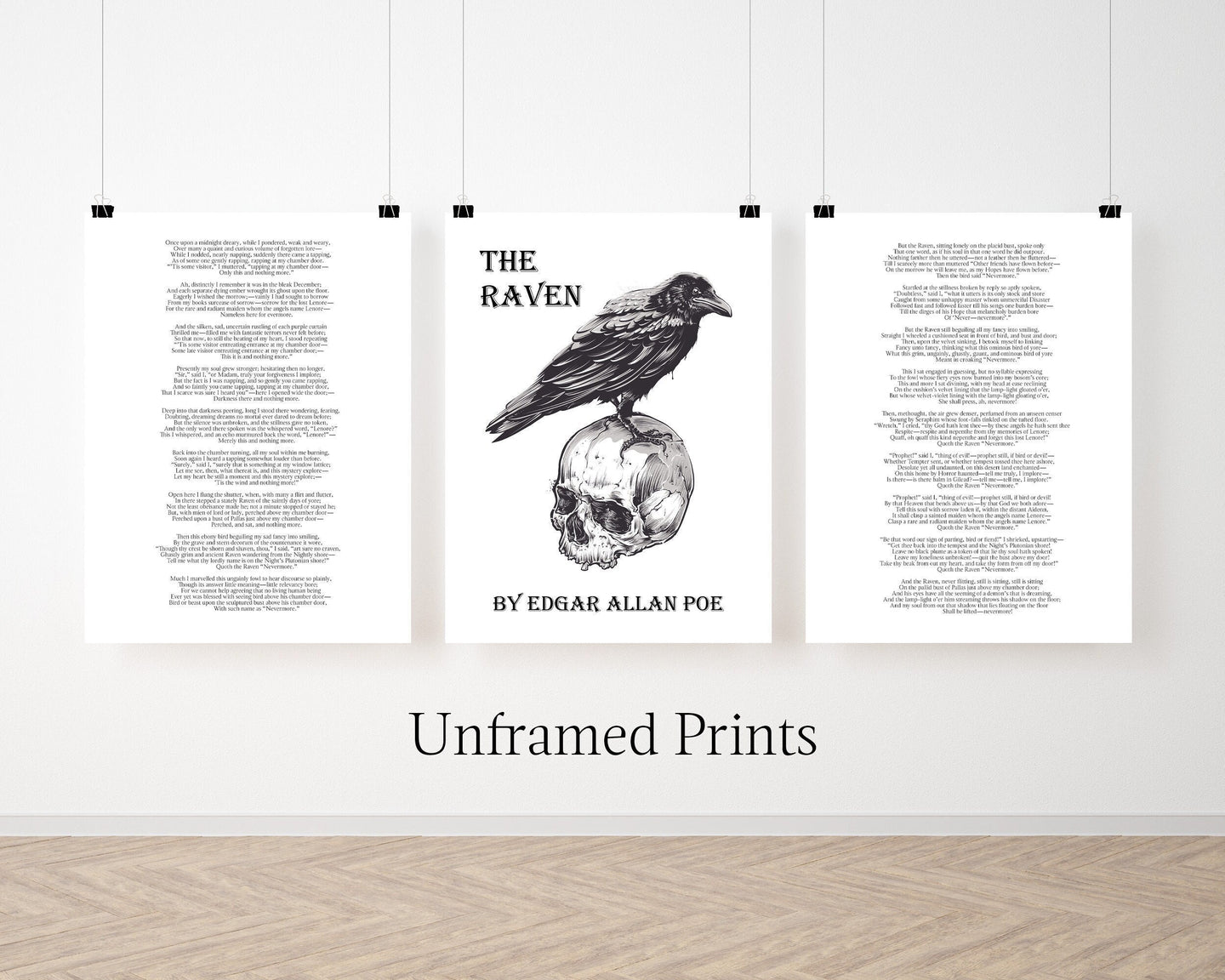 The Raven Set of 3 Edgar Allan Poe Poem Poster Prints - Quoth the Raven “Nevermore.” - Macabre Decor - Literary Wall Art
