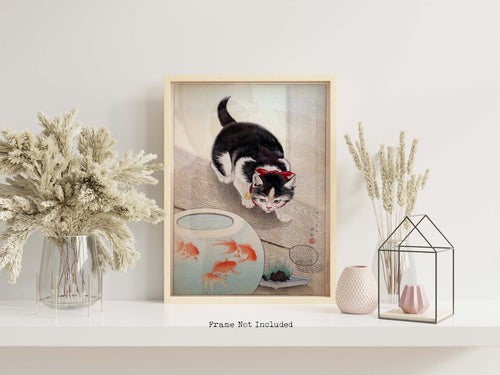 Japanese Art Print - Cat and Bowl of Goldfish By Ohara Koson